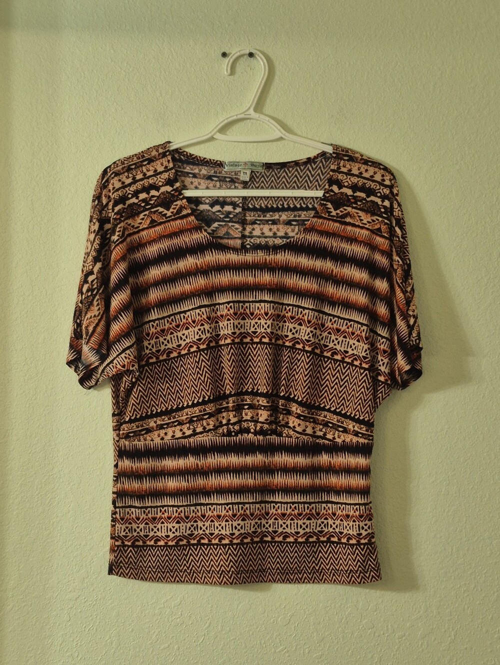 Vintage Suzie Short Sleeve Geometric Stripe Top in Brown and Cream